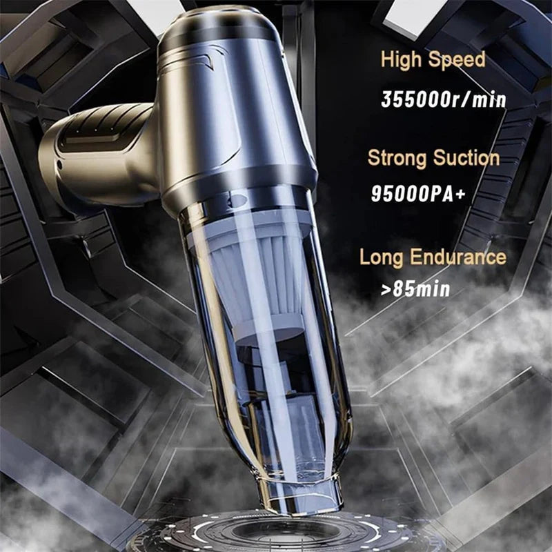 Showlu portable car vacuum and air blower with brushless motor, compact design for cleaning car interior and surfaces.