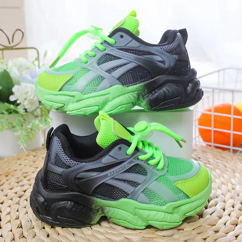 SHOWLU Girls gradient mesh sneakers with lighted platform, breathable design, and stylish sporty look for kids.