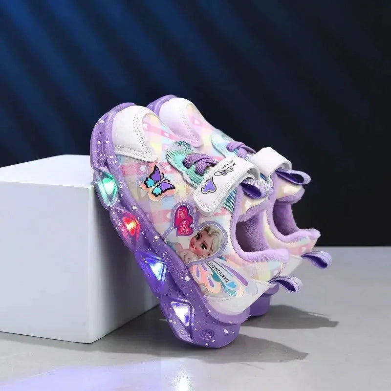 Pink PU leather Disney Frozen Elsa girls' LED lighted sneakers with character design, suitable for children.
