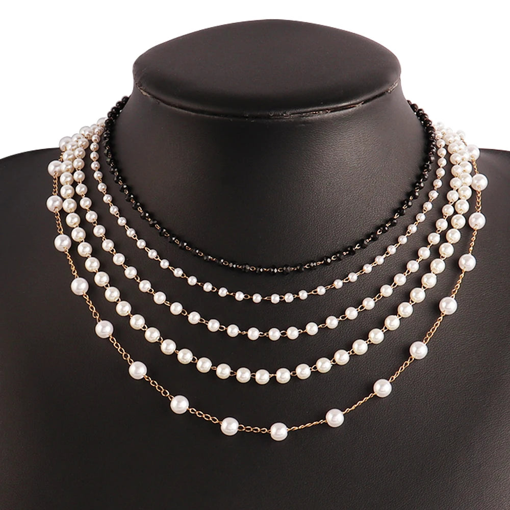 Stainless steel pearl choker necklace with white imitation pearls and delicate clavicle chain, elegant jewelry for women
