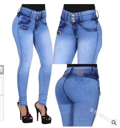 Naupang Women's high-waisted skinny pencil jeans in Y2K pleated denim, shown in a stylish blue color.