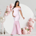 Showlu Maternity floral off-shoulder chiffon gown with split hem, elegant and flowing maternity dress by SHOWLU FASHION STORE