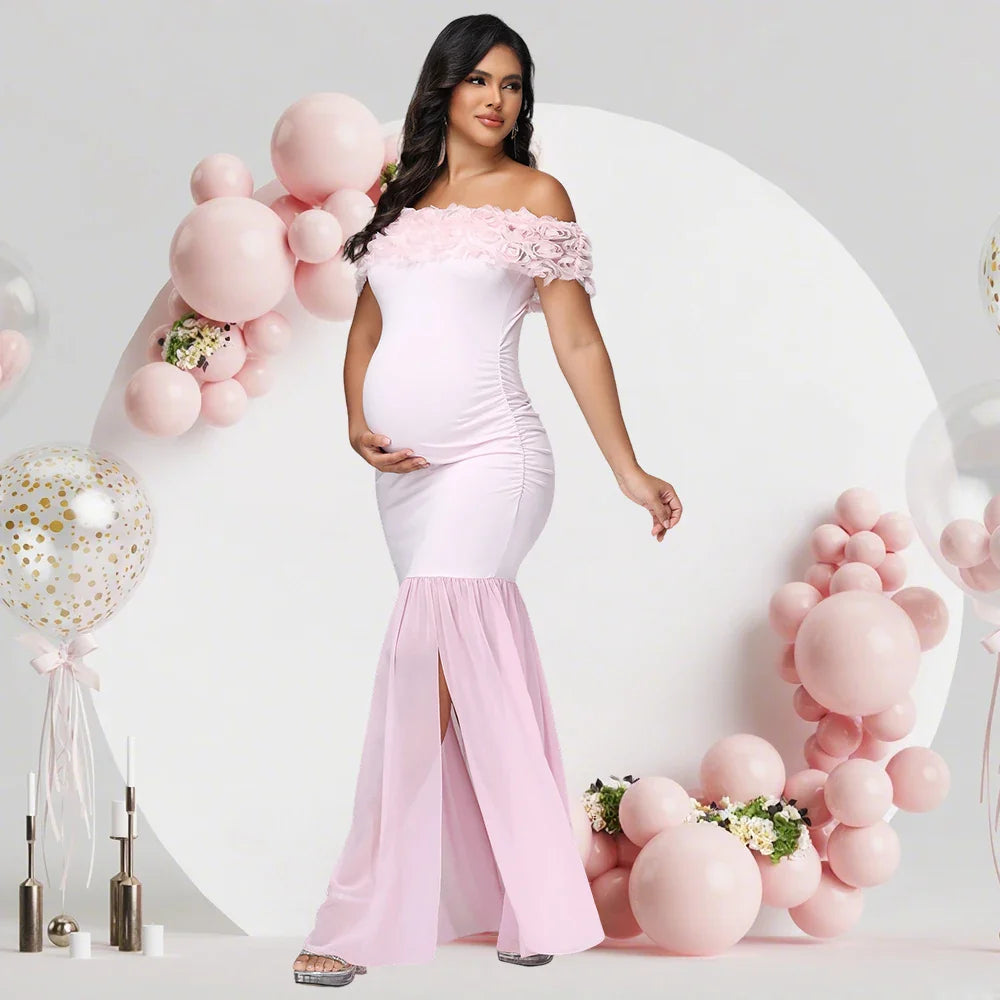 Showlu Maternity floral off-shoulder chiffon gown with split hem, elegant and flowing maternity dress by SHOWLU FASHION STORE
