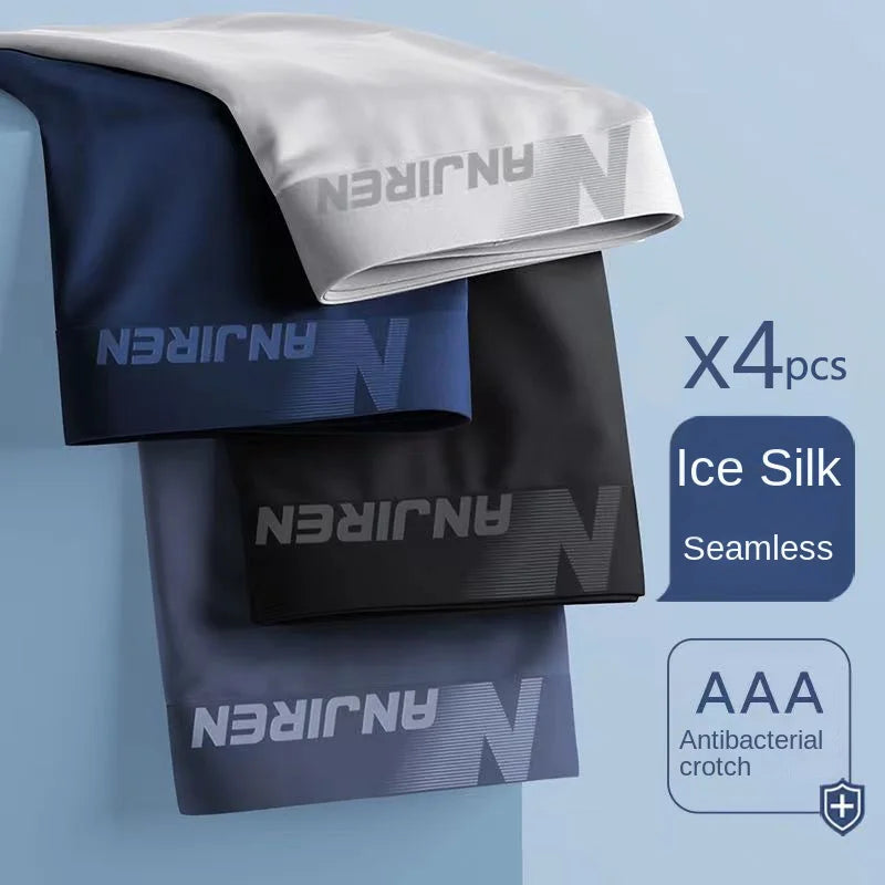 Showlu Men's Ice Silk Boxer Shorts 4-Pack, breathable underwear in size L to 6XL, soft and comfortable for everyday wear.