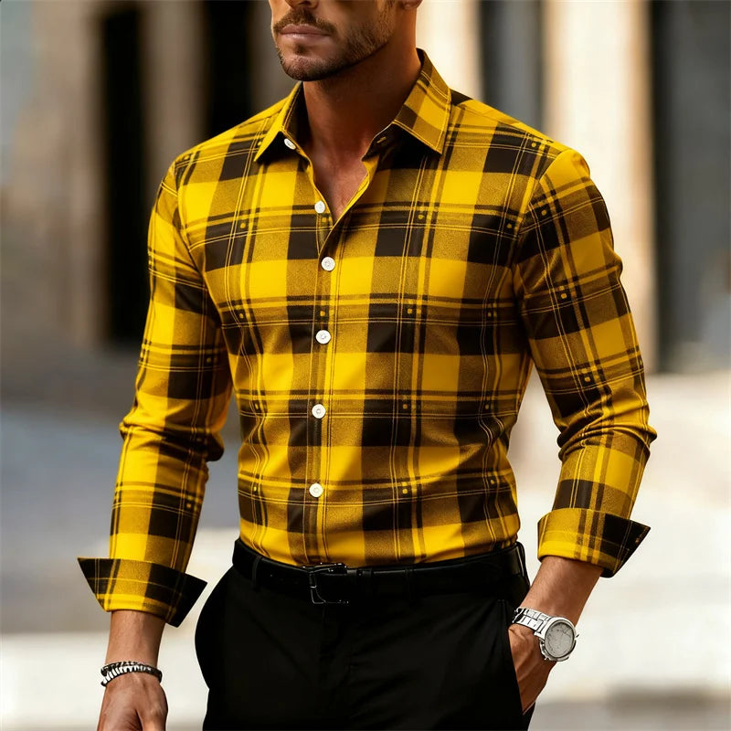 Men's plaid casual street style long-sleeved shirt in large sizes, featuring a fashionable pattern and outdoor-ready design.