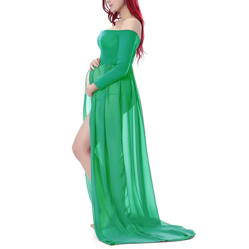 Long strapless maternity maxi dress for summer pregnancy photoshoots, featuring a flowing design and comfortable fit by Showlu Fashion.