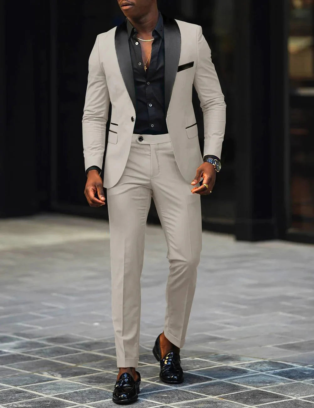 Naupang men's slim fit 2-piece business suit with single button and side slit, stylish formal attire from SHOWLU FASHION STORE.
