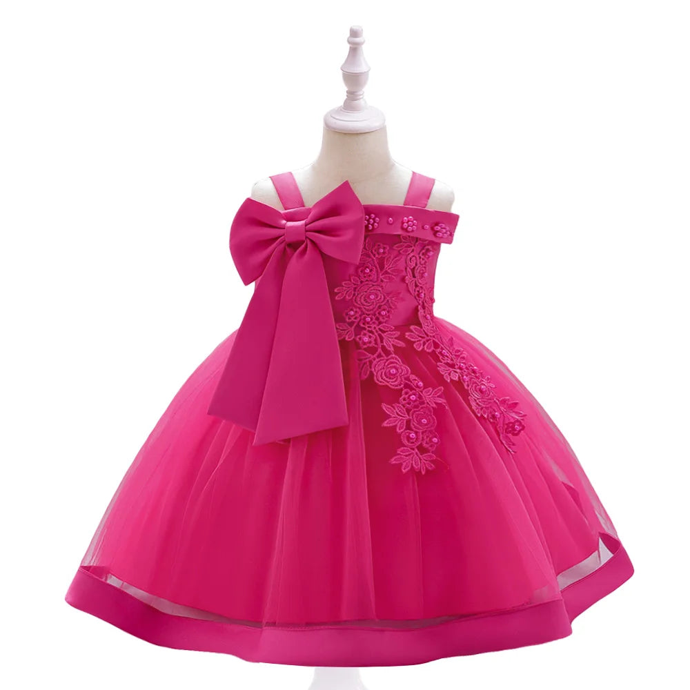 Showlu Fashion girls' elegant bow flower party dress with tulle, perfect for weddings, birthdays, and special occasions.