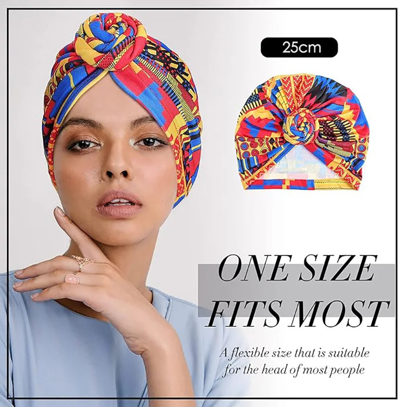 Elegant African print pleated turban with floral beanie, pre-tied front knot, elastic head wrap, and bandana style headwear for women