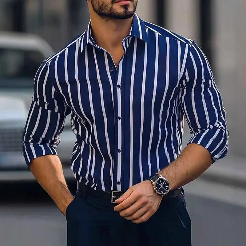 Men's striped dress shirt with long sleeves, casual button-up style, featuring vertical stripes, suitable for spring outdoor wear.