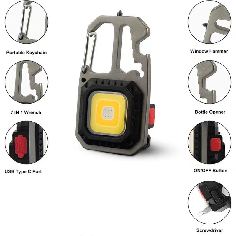 PORoll8 Mini COB keychain flashlight with USB rechargeable LED work light, compact and portable for everyday use.