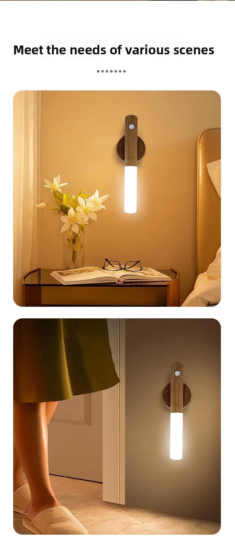 Showlu Smart General magnetic motion sensor LED night light with USB rechargeable feature, visible on a wall in a home setting.