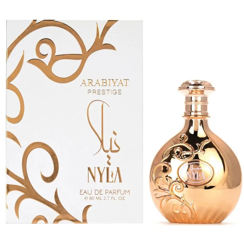 Unisex Arabiyat Nyla Eau De Parfum 80ml bottle with a sleek design, featuring woody amber notes in a modern fragrance bottle