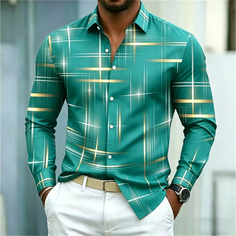 2026 men's shirt with fashionable printed lines, checkered long sleeved shirt, lapel, slim fit, business casual men's shirt