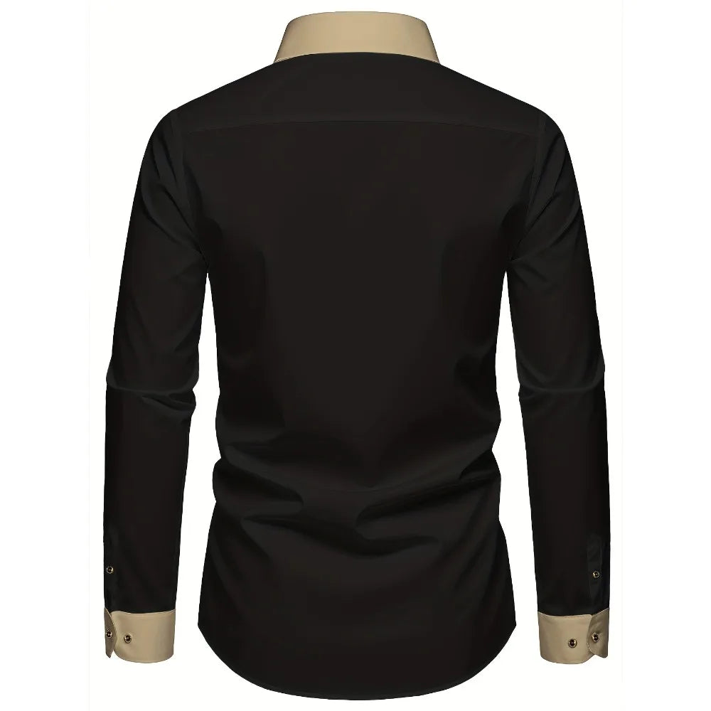 Black men's long sleeve shirt by Showlu Smart General, featuring patchwork design, elastic fit, ideal for smart casual or business wear.