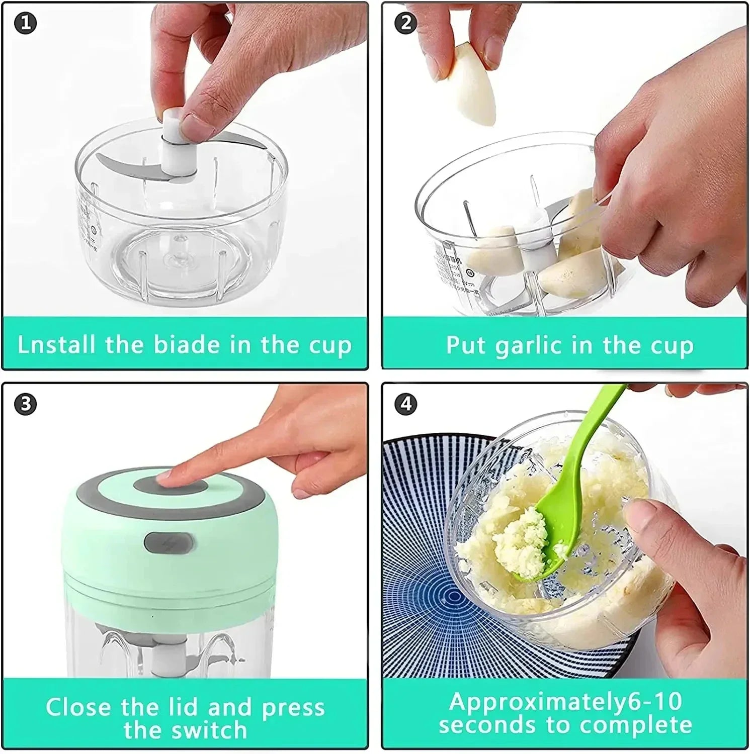 Showlu Smart General mini electric garlic grinder with stainless steel grinding chamber and compact design on a white background.