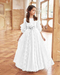 Showlu Fashion Gdybao lace flower girl dress with boat neck and floral details, perfect for first communion or special occasions.