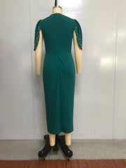 Womens Wedding Guest Dresses Elegant Trendy Solid Color Ruffle Beaded Round Neck Short Sleeve Dresses Style
