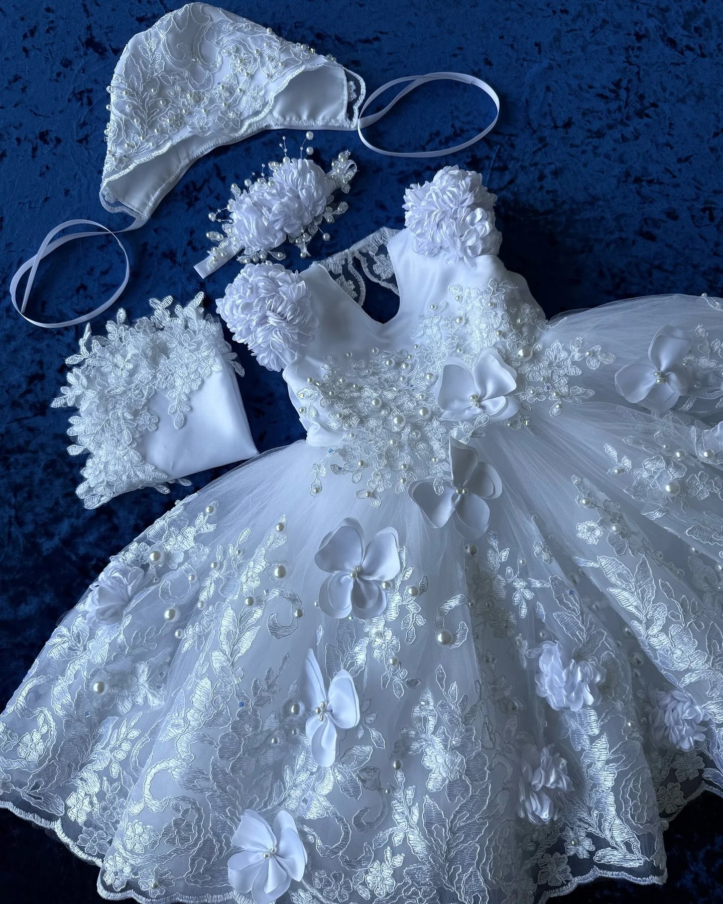 Baby girl lace baptism gown with 3D flower details, white Christening dress by Showlu Fashion Store, featuring delicate embroidery.