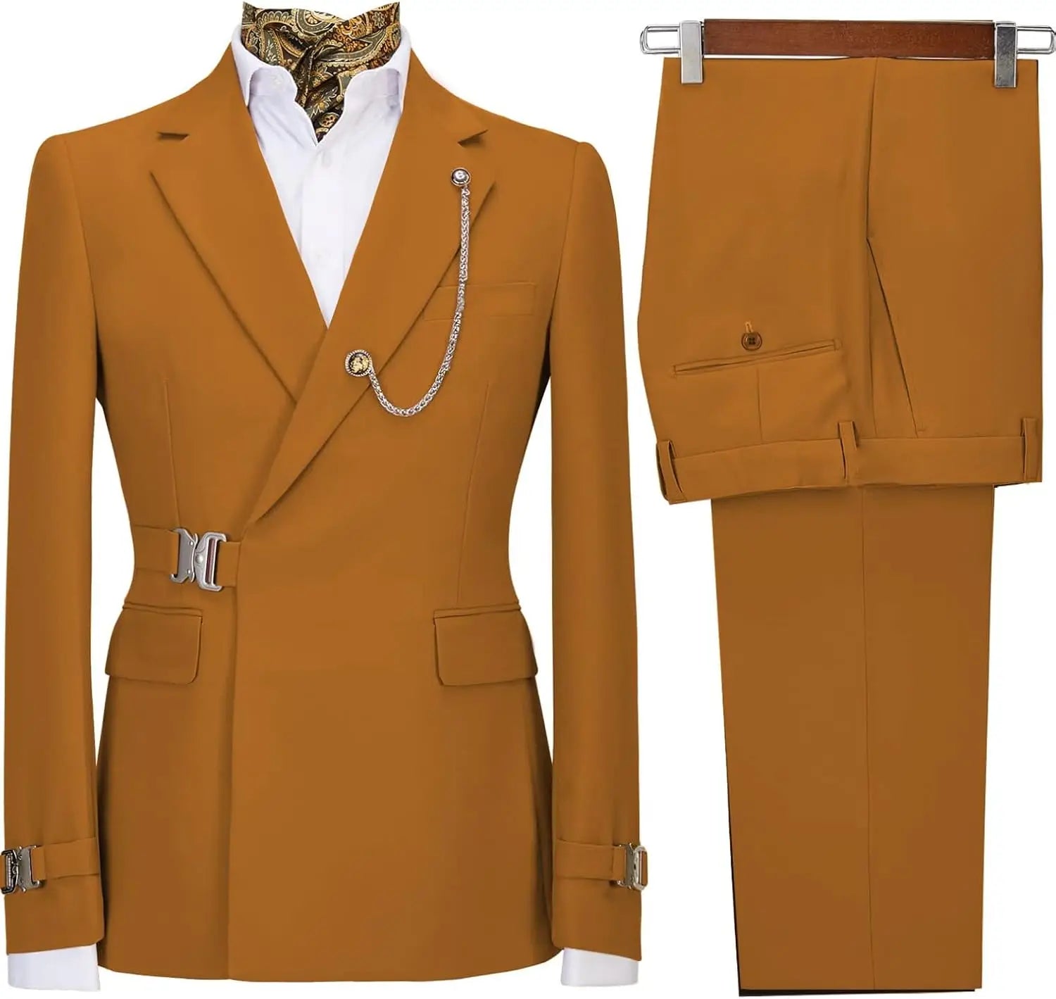 Men's slim fit suit with metal clasp, stylish business casual tuxedo, featuring tailored jacket and matching trousers from Showlu Fashion.