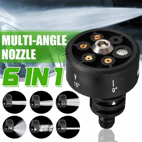 Adjustable 6-in-1 pressure washer nozzle showing different spray modes for versatile cleaning.