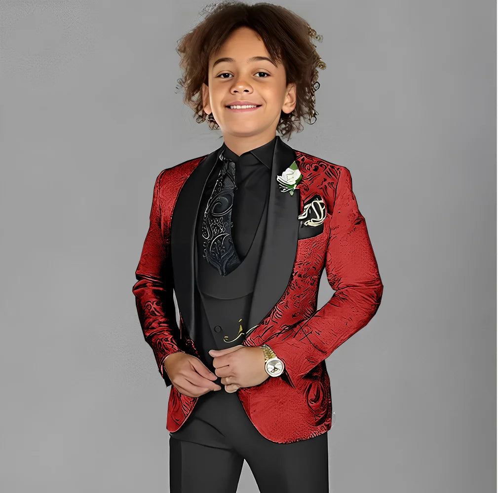 Jacquard boys' 3-piece suit set with tuxedo jacket, pants, and vest for kids' formal events, ages 2-16, by Showlu Fashion Store.