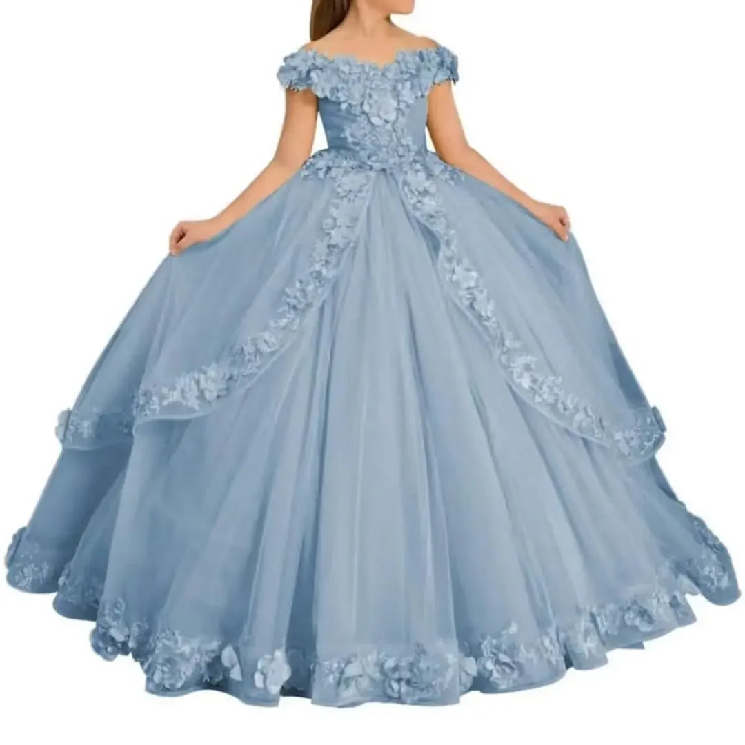 Yellow flower girl dress by Showlu Fashion with beading, appliqué, suitable for pageants, birthdays, first communions, and prom.
