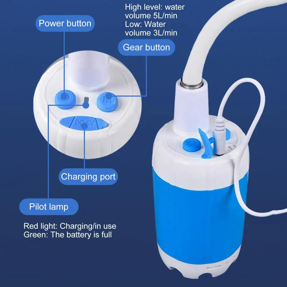 Showlu Smart portable camping shower with rechargeable electric pump and LED indicator, compact and lightweight for outdoor use.