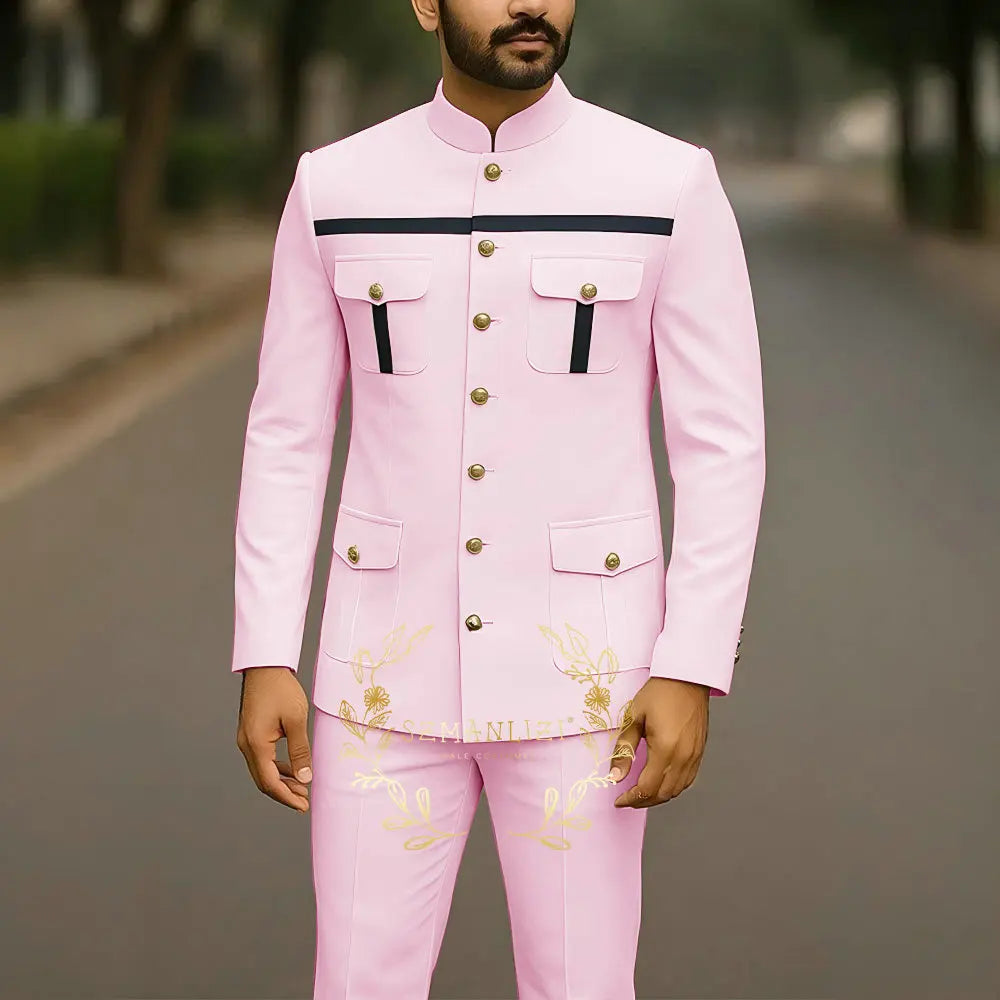 Elegant white men's suit with stand collar, single-breasted jacket and matching pants for business, wedding, or formal occasions.