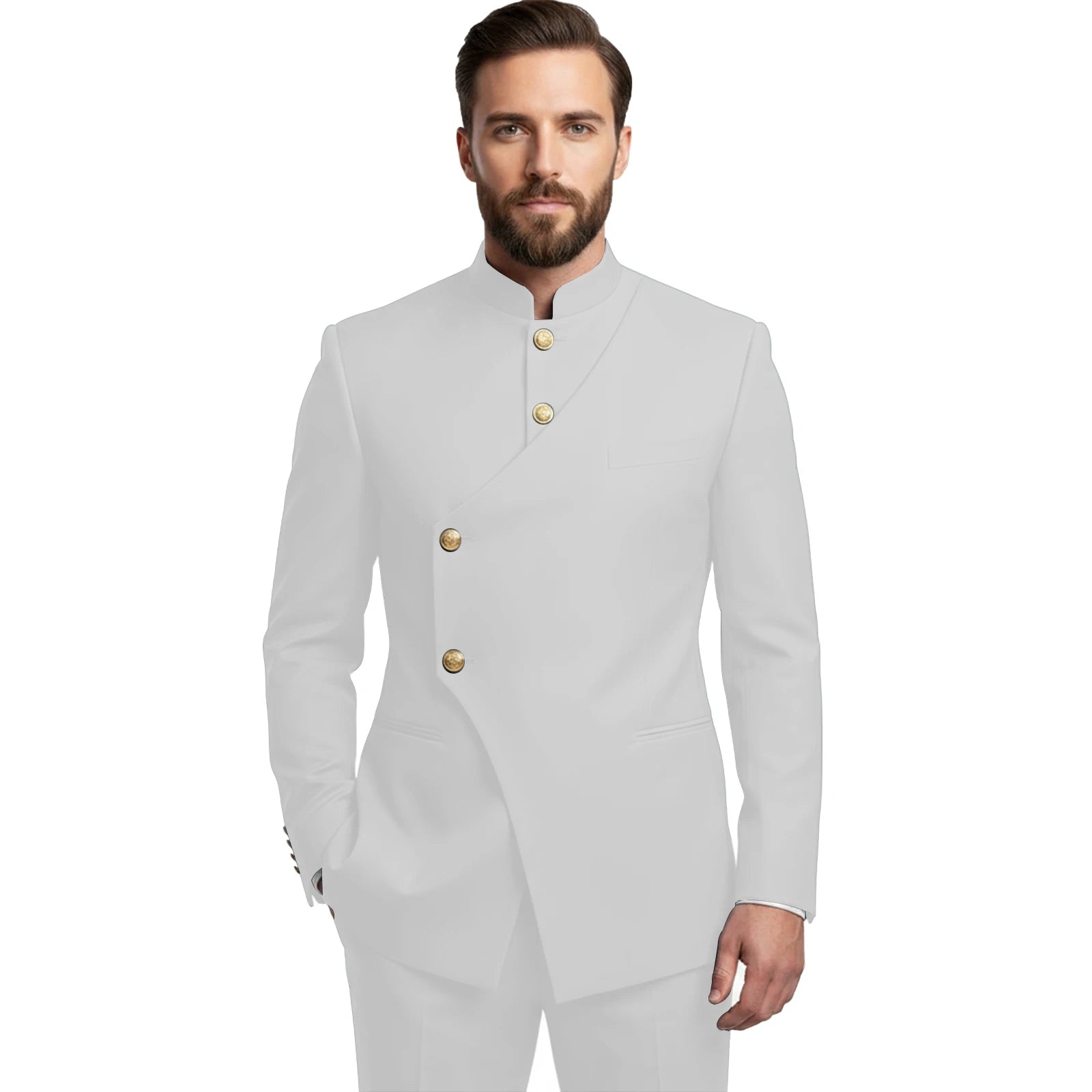 Chinese Suit Men 2 Piece Tunic Suits Slim Fit Safari Suits for Men Mandarin Collar Suit Blazer Pants Set