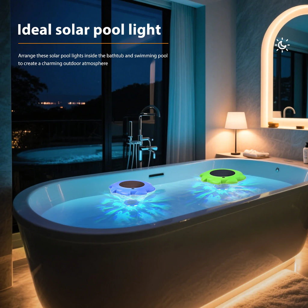 RGB waterproof solar floating pool light by Showlu Smart General, featuring colorful LED illumination for garden and pool lighting.