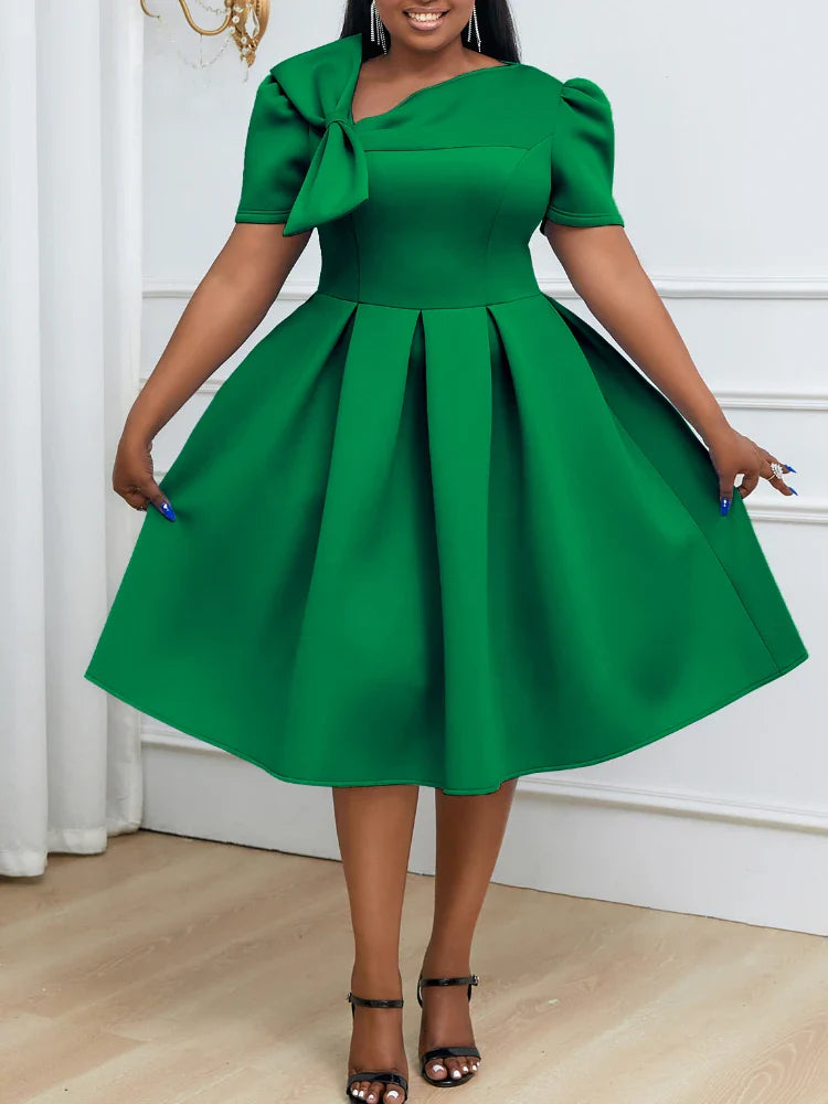 Plus size AOMEI women's pleated fit and flare prom dress with bowtie, stylish party dress in a flattering silhouette.