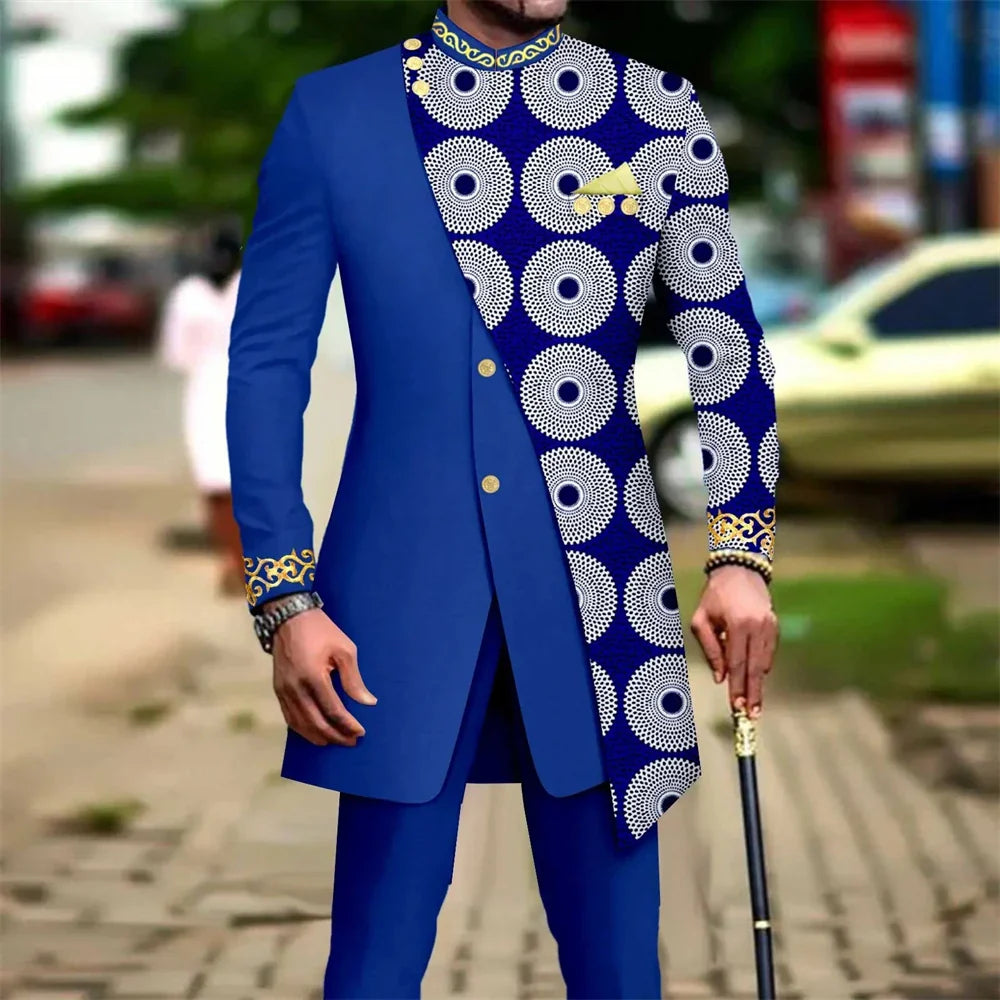 SHOWLU Men's African embroidery print suit, 2-piece slim fit wedding set with detailed embroidery and elegant design.