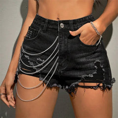Summer 2025 Fashion: Women's Jeans Hot Girl Street Ripped Chain Shorts Low-Waisted Sexy Slimming Straight-Leg Pants
