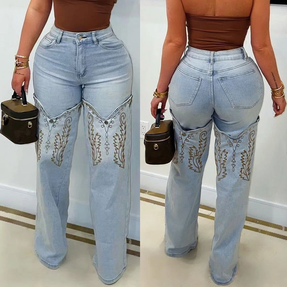 Vintage embroidery denim trousers for women featuring high waist, straight leg fit, casual summer street style by Showlu Fashion