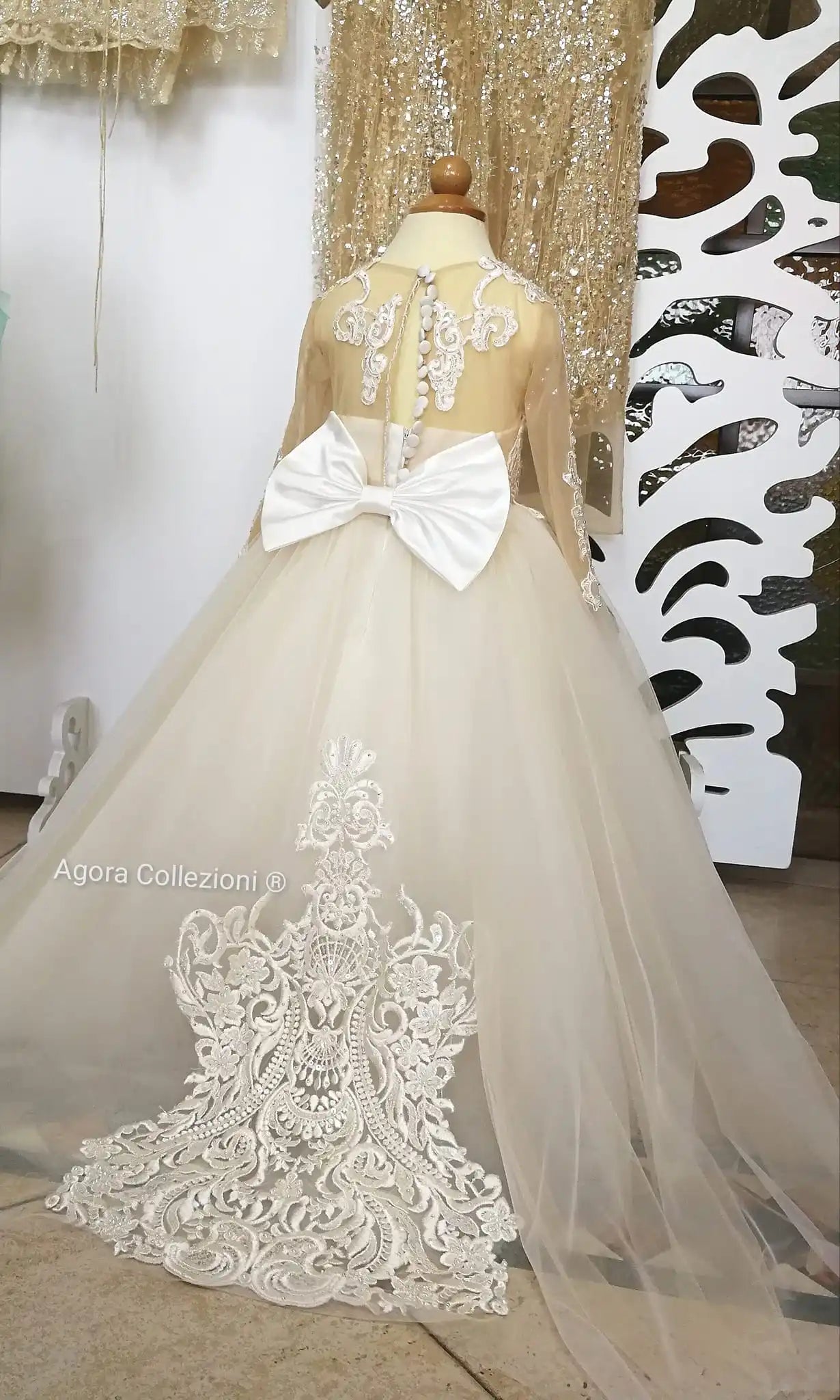 Lace flower girl dress by Showlu Fashion Store featuring floral tulle ball gown design for weddings and special occasions