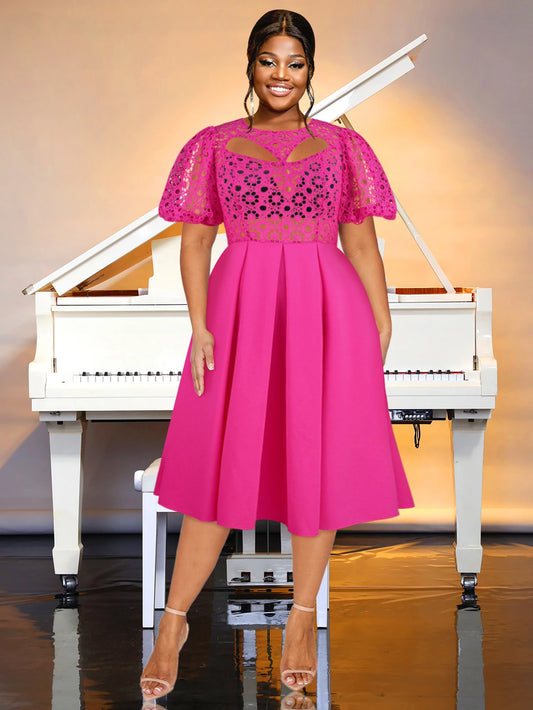 Elegant Women Hollow Out Evening Party Dress Short Lantern Sleeve Lace Patchwork Pleated Gown Birthday Prom Event 2024 New In