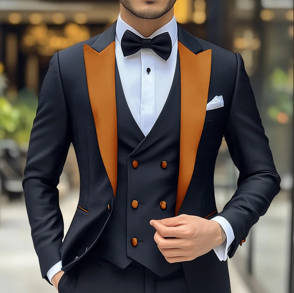Black men's groom wedding tuxedo suit with jacket, vest, and pants, featuring slim fit, peak lapel, and formal style.