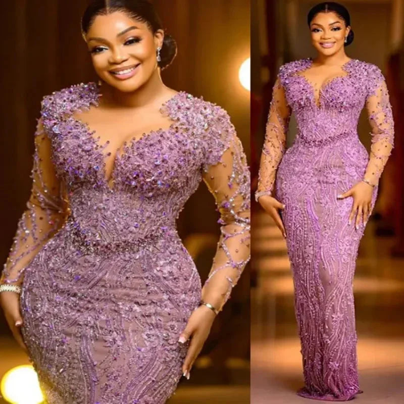 SHOWLU Lilac mermaid prom dress with beaded sequins, evening gown featuring a fitted silhouette and elegant design.