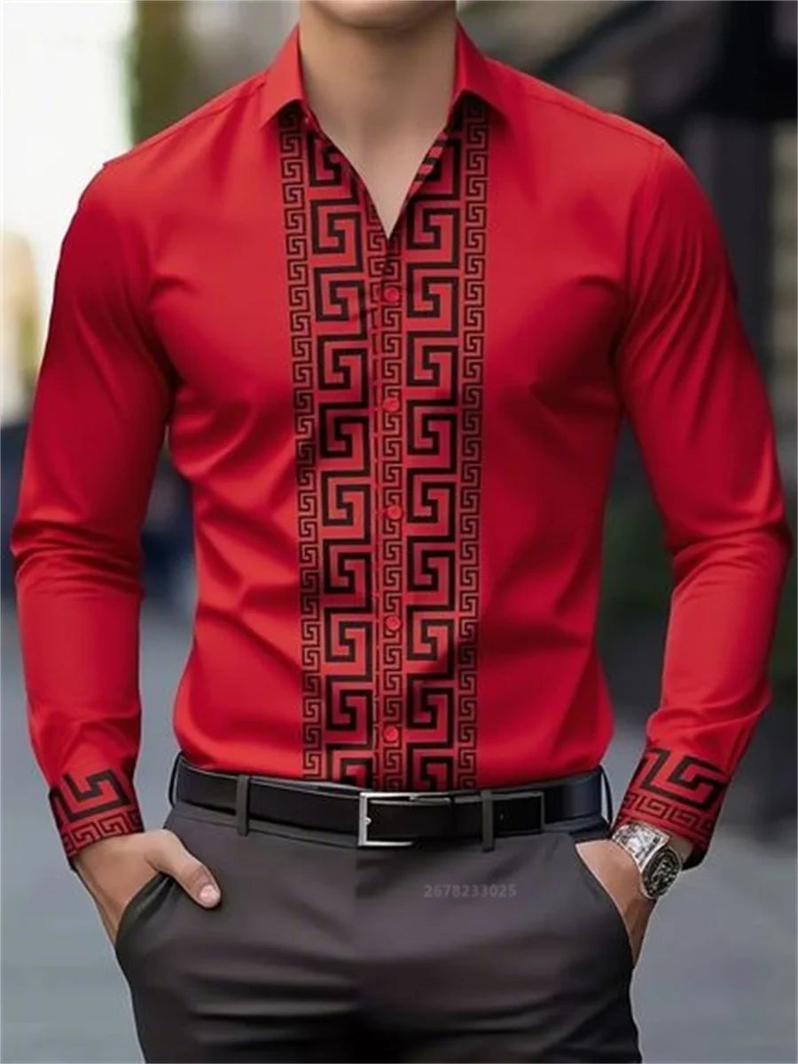 Men's patterned long-sleeved shirt with lapel buttons, casual and comfortable men's top by Showlu Fashion Store.