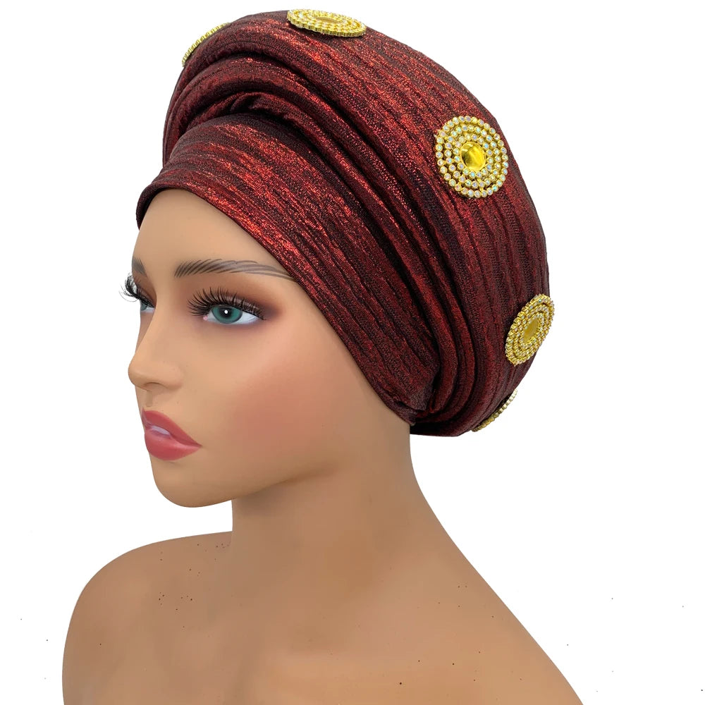 Already Made African Headtie Glitter Diamonds Women's Turban Cap Female Head Wraps Nigeria Wedding Auto Geles Party Headwear Hat