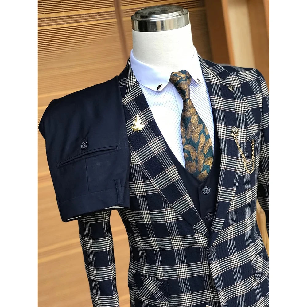 Classic Plaid Slim Fit Men's Suits Elegant 3 Piece Jacket Pants Vest Formal Single Breasted Peak Lapel Skinny Male Clothing