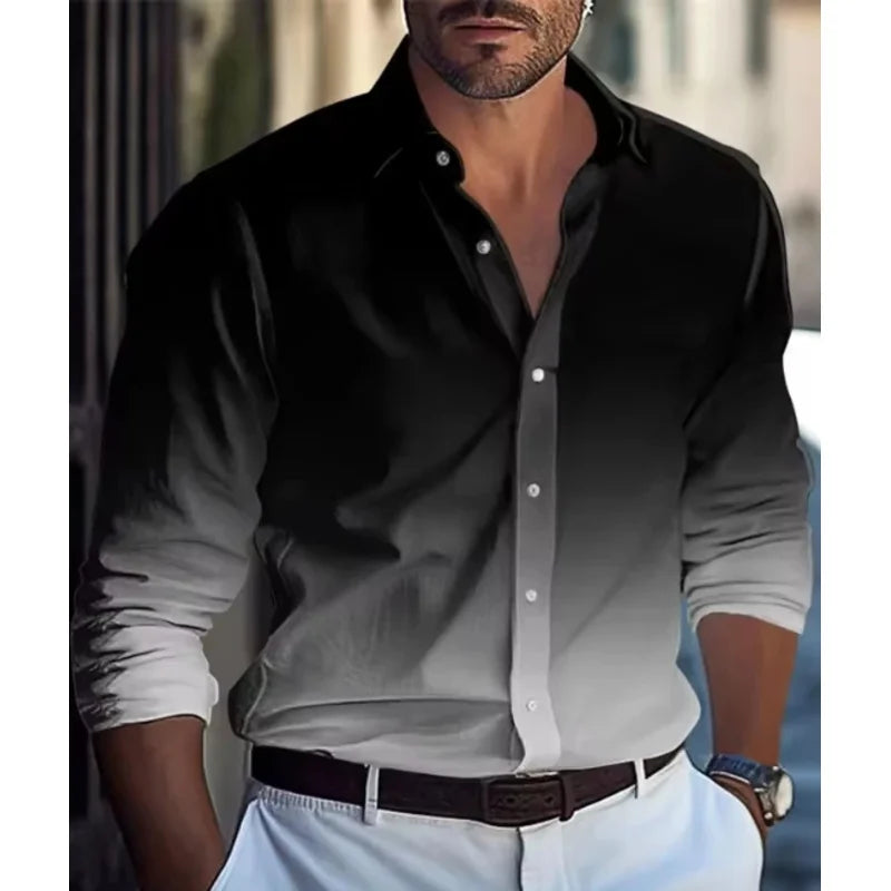 Men's casual shirt by Showlu Fashion Store featuring red, white, and black colors in soft, comfortable fabric for autumn and winter.