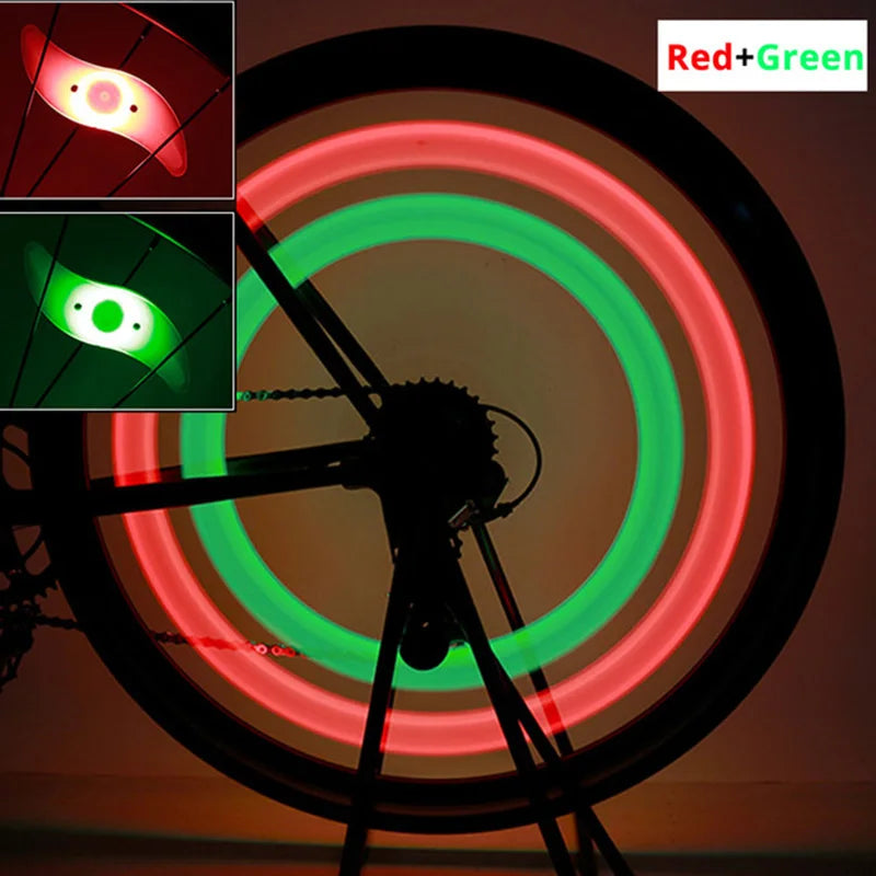 Showlu Smart General bicycle spoke LED wheel light flashing tire light attached to a bicycle wheel in motion.