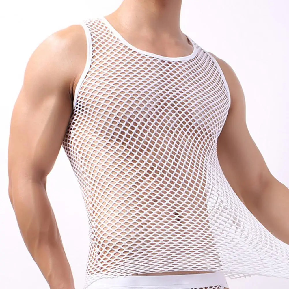 Showlu men's sheer mesh undershirt with long sleeves, transparent and form-fitting, perfect for stylish, sexy layered looks.