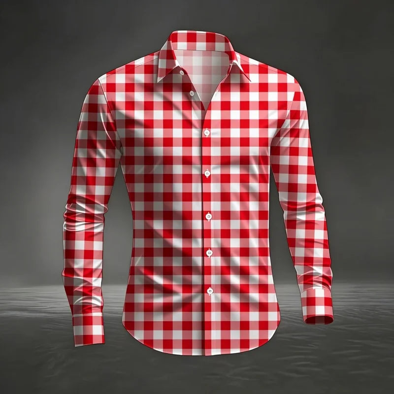 2026 Men's New Classic Plaid Shirt with Plaid Printing, Slim Fit Collar Long Sleeve Shirt, Men's Top, Comfortable Fabric XS-6XL