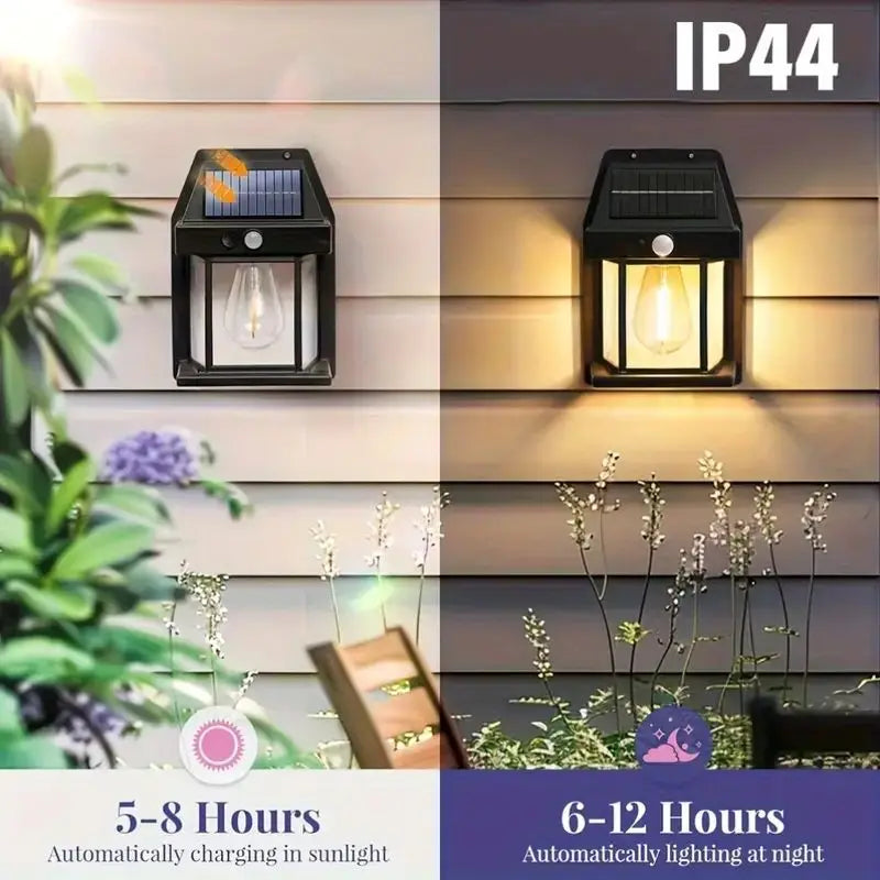 Showlu Smart General solar motion sensor outdoor wall light illuminating a modern exterior wall at night.