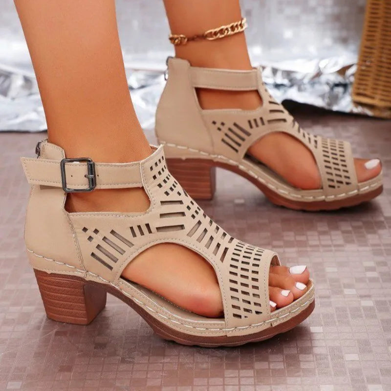 Women’s high heel lace-up Roman hollow sandals with peep toe and chunky heel, casual stylish fashion footwear.