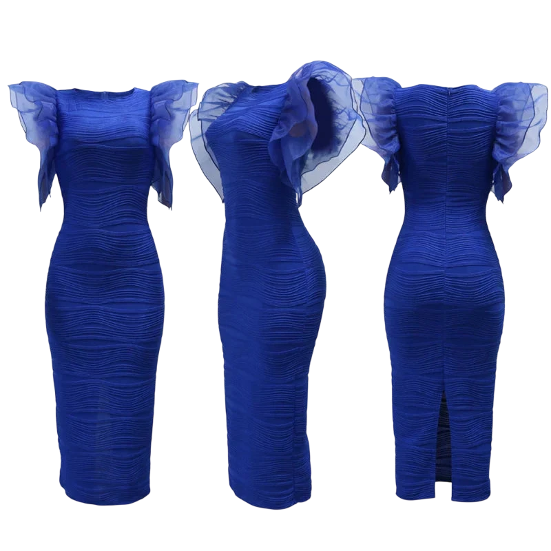 SHOWLU FASHION STORE women's bodycon party dress with o-neck and ruffle sleeves, mid-calf length, sleek and stylish.