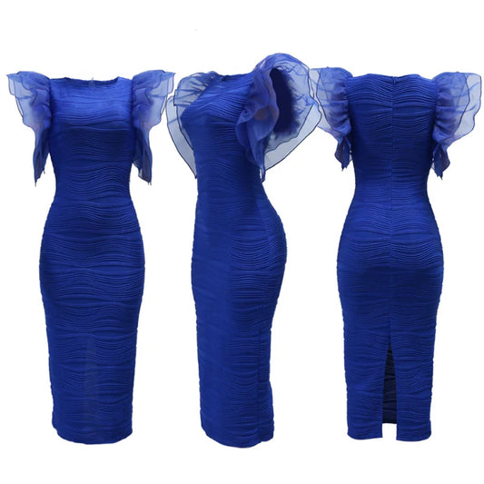 New African Fashion Women Dress O Neck Ruffle Sleeves Package Hips Bodycon Dress Office Lady Evening Birthday Party Vestidos